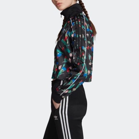 Adidas Originals BELLISTA Black Floral Print Cropped Trefoil Track Jacket - Picture 3 of 16